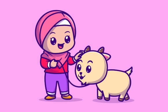 Download Cute Moslem Girl with Goat Cartoon - Cute Collection