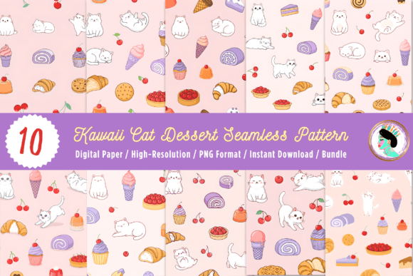 Download Cute Cat Dessert Seamless Pattern Bundle - Cute Collection