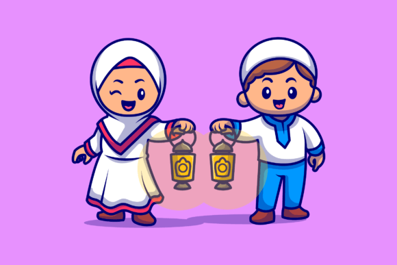 Download Cute Girl and Boy Moslem Bring Lantern - Cute Collection